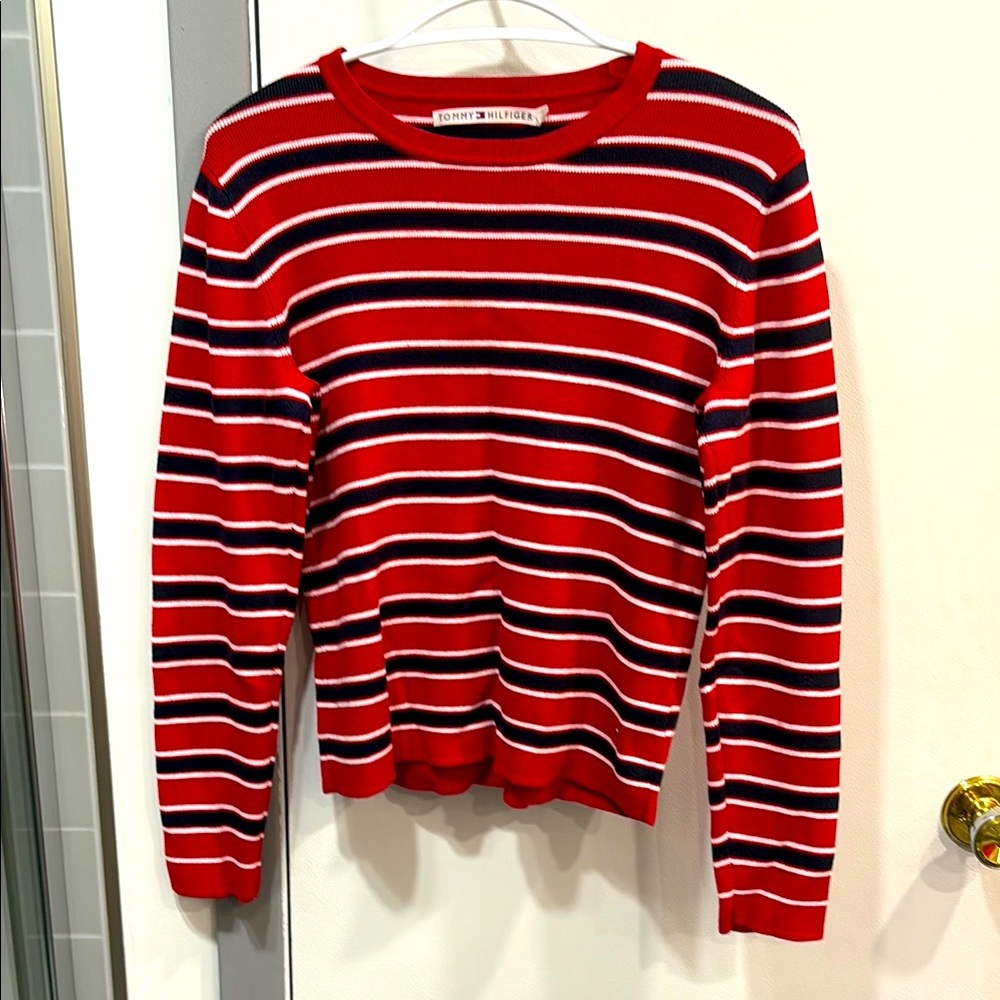 Tommy Hilfiger Red and Navy Striped Crewneck Sweater